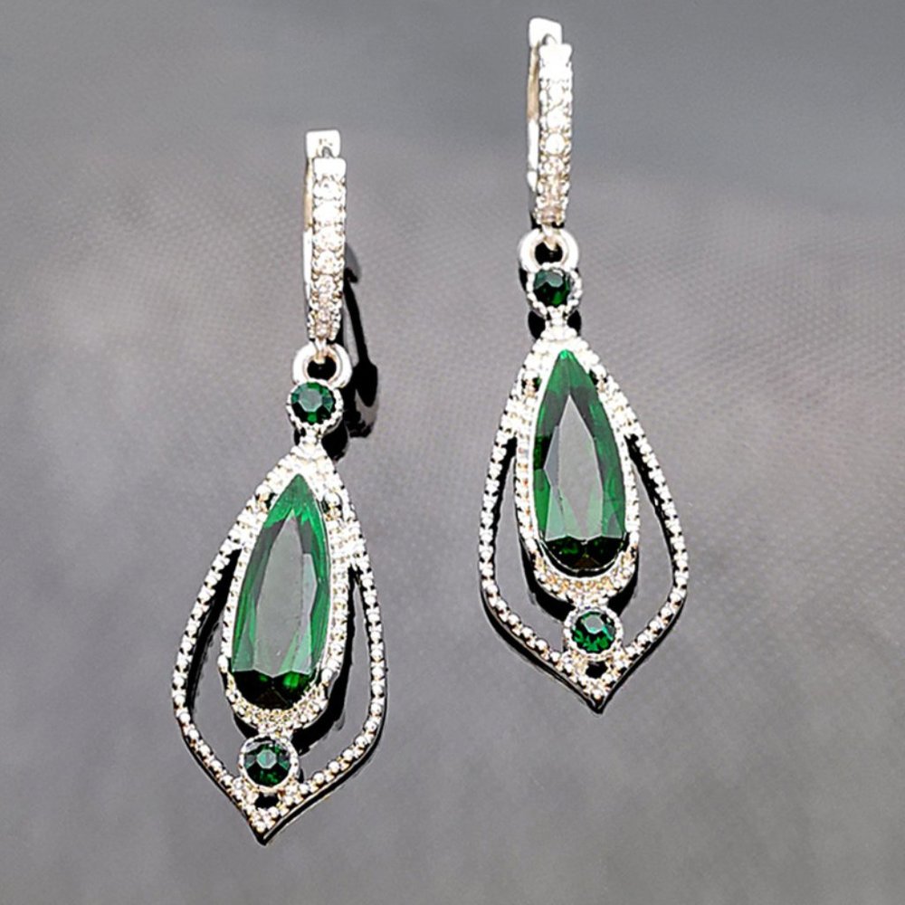 Water Drop Green CZ Stone Pierced Dangle Earrings - Picture 3 of 6